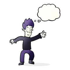 cartoon happy vampire man with thought bubble