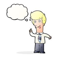 cartoon office man with crazy idea with thought bubble