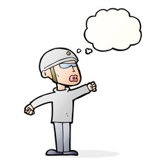 cartoon security guy with thought bubble