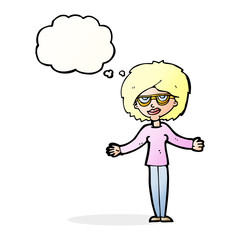 cartoon woman wearing spectacles with thought bubble