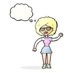 cartoon waving woman wearing spectacles with thought bubble
