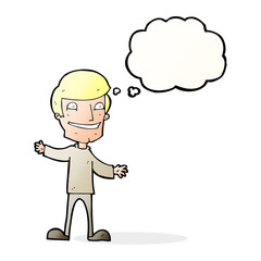 cartoon grinning man with thought bubble