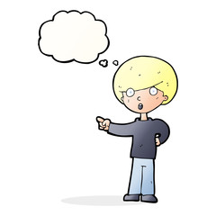 cartoon pointing boy with thought bubble