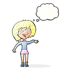 cartoon waving woman with thought bubble
