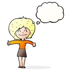 cartoon woman giving thumbs up sign with thought bubble