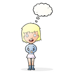 cartoon excited woman with thought bubble