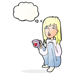 cartoon woman sitting with cup of coffee with thought bubble