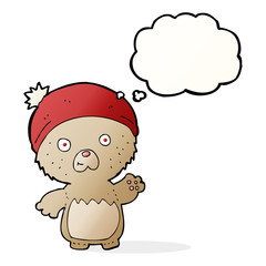 cartoon cute teddy bear in hat with thought bubble