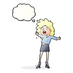 cartoon woman having trouble walking in heels with thought bubbl
