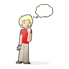cartoon boy wondering with thought bubble
