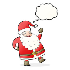 funny waving santa claus cartoon with thought bubble