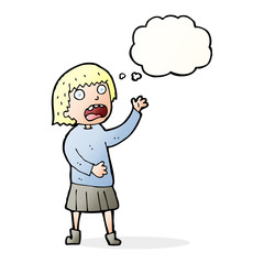 cartoon stressed out woman with thought bubble