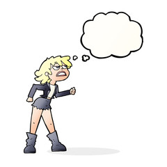 cartoon angry biker girl with thought bubble