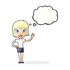 cartoon woman waving with thought bubble