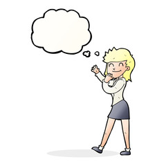 cartoon happy businesswoman with thought bubble