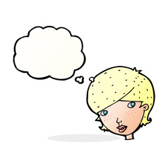 cartoon friendly woman with thought bubble