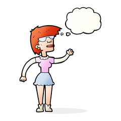 cartoon woman in spectacles waving with thought bubble