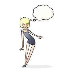 cartoon woman in dress leaning with thought bubble