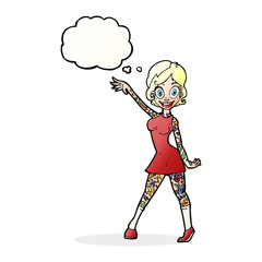 cartoon woman with tattoos with thought bubble
