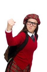 Girl in scottish tartan clothing isolated on white