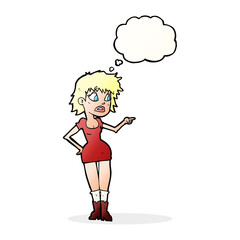 cartoon worried woman in dress pointing with thought bubble