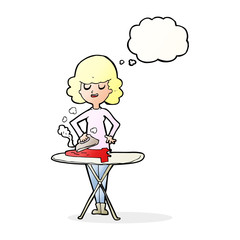 cartoon woman ironing with thought bubble