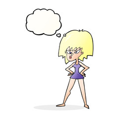 cartoon angry woman in dress with thought bubble