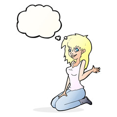 cartoon pretty girl waving with thought bubble