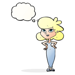 cartoon girl with hands on hips with thought bubble