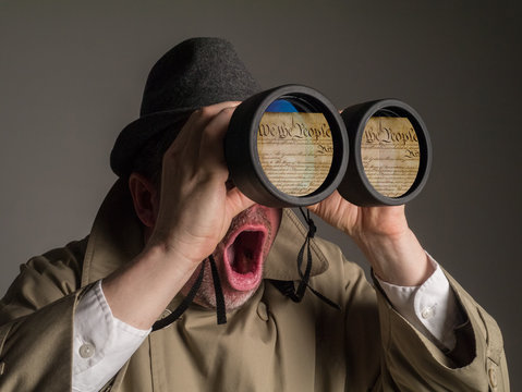 Photograph of a man in trench coat and hat looking through binoculars and shocked as he sees the Preamble to the Constitution of the United States.