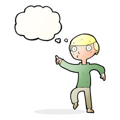 cartoon boy pointing with thought bubble