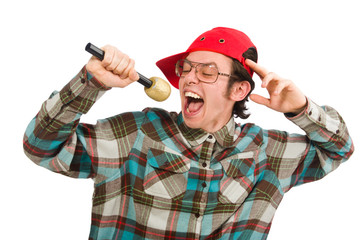 Funny guy singing isolated on white