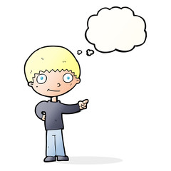 cartoon happy boy pointing with thought bubble