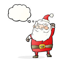 cartoon santa claus punching air with thought bubble