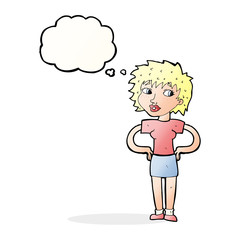cartoon woman with hands on hips with thought bubble