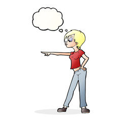 cartoon hip woman pointing with thought bubble