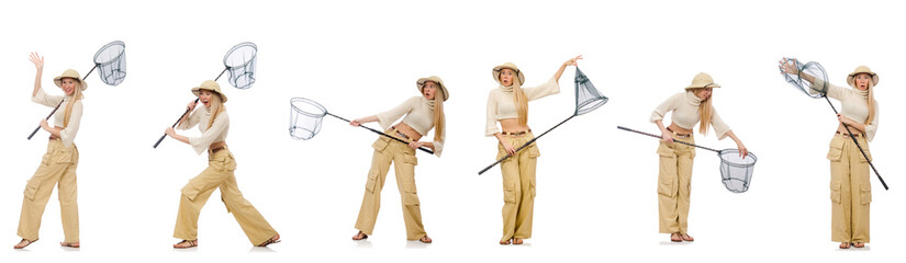 Woman with catching net on white