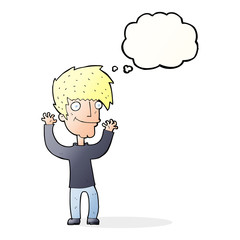 cartoon man waving arms with thought bubble