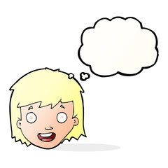 cartoon happy female face with thought bubble