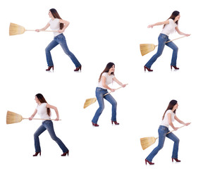 Woman with broom isolated on white