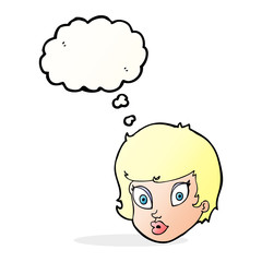 cartoon surprised female face with thought bubble