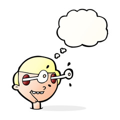 cartoon excited boy's face with thought bubble