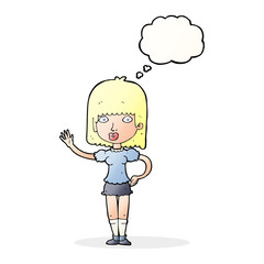 cartoon woman waving with thought bubble
