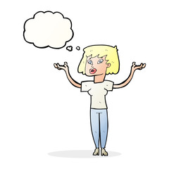 cartoon woman holding up hands with thought bubble