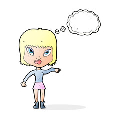 cartoon woman making gesture with thought bubble