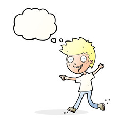 cartoon crazy excited boy with thought bubble
