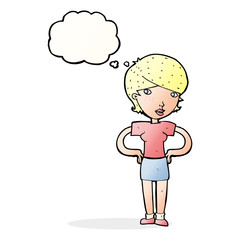 cartoon woman with hands on hips with thought bubble