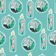 Seamless pattern with hand drawn floral terrariums. Plant pendant with dried flowers, moss and berries. Colorful vector illustration