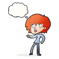 cartoon surprised woman pointing with thought bubble