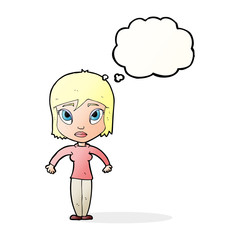 cartoon woman shrugging shoulders with thought bubble